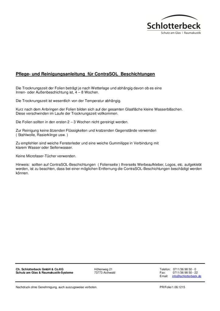 Reinigungsanleitung Contrasol