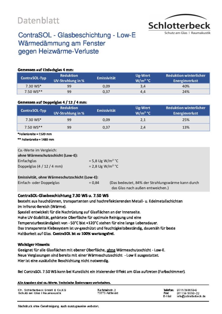 Datenblatt Glasbeschichtung LowE